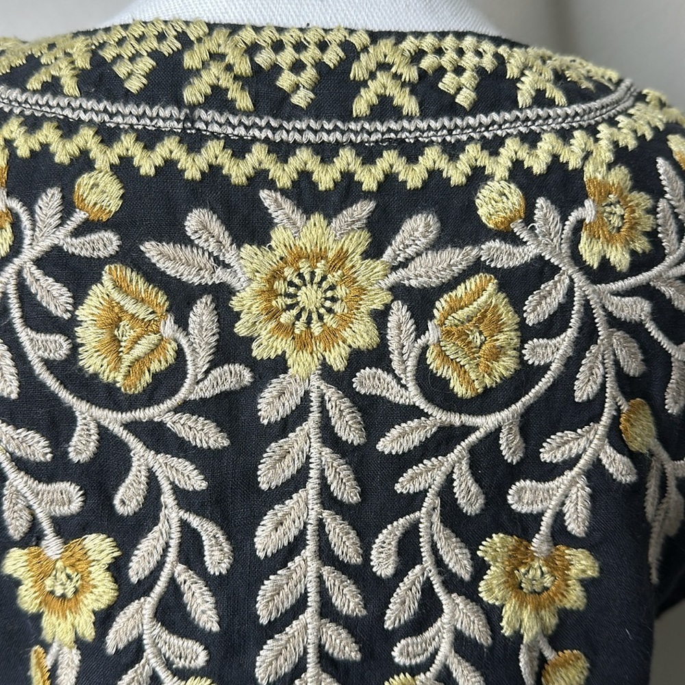 Johnny Was Black Lace-Up Embroidered Floral Blouse with Gold Accents - Picture 6 of 7